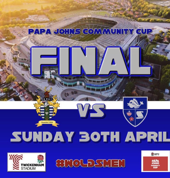 Not long to go, the support we have recieved is remarkable, and will no doubt get bigger as we get into the weekend. We would love to see your photos and videos from your experience. Use #woldsmen in your posts so the we can share too. 
v <a href="/havantrfc/">Havant Rugby Football Club</a> <a href="/PapaJohns/">Papa Johns</a> cup. <a href="/EnglandRugby/">England Rugby</a>