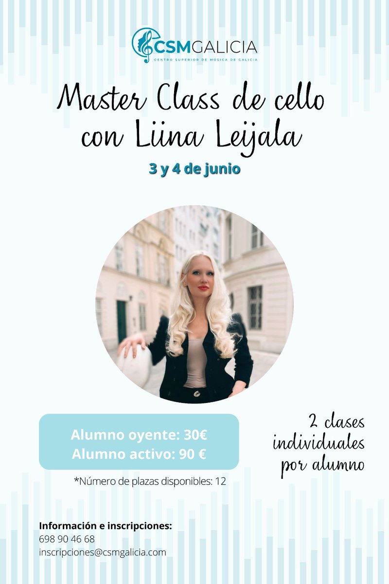 ‼️Los próximos 3 y 4 de junio podremos disfrutar de una masterclass de cello a manos de la gran violonchelista Liina Leijala.

Toda la información e inscripciones👇
📲bit.ly/3Lx27cy
☎️698 90 46 68
📥inscripciones@csmgalicia.com
#CSMGalicia #Galicia #música #cello