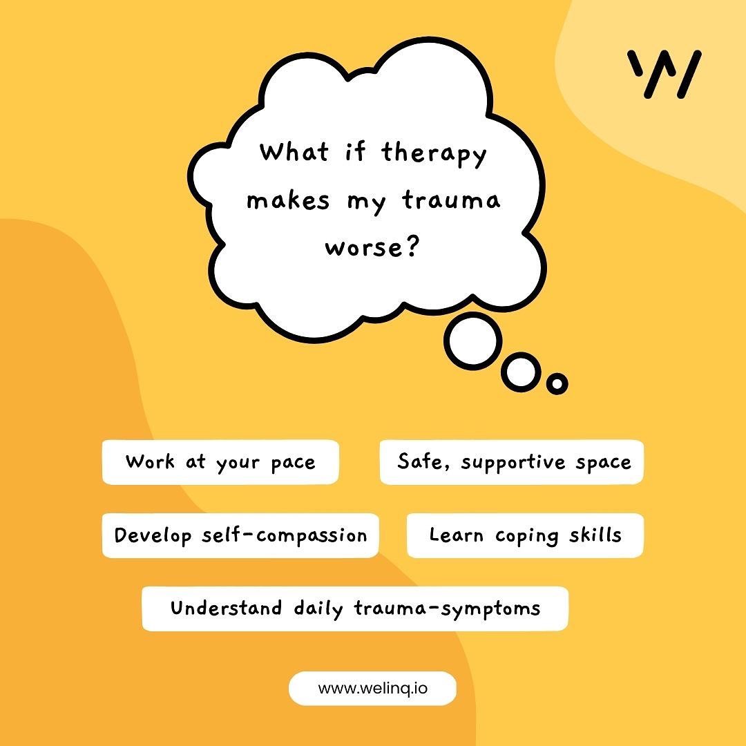 “What if therapy makes my trauma worse?” 💭

👆 This is a common worry. But, therapy is designed to help you heal by: 

✅ Working at a pace that feels safe for you. 
✅ Developing your self-compassion and self-understanding.
✅ Creating a safe, supportive space to process you...
