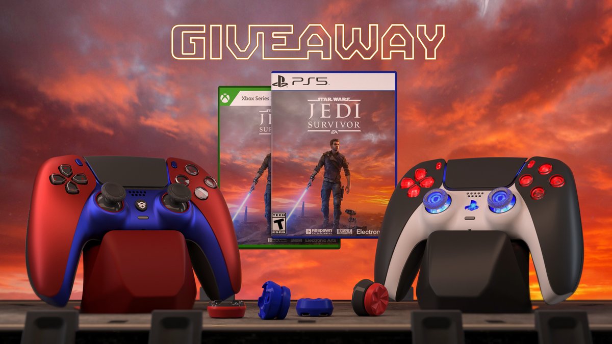 ExtremeRate's tweet photo. 🚀GIVEAWAY ALERT 🚀

To celebrate the release of Star Wars Jedi: Survivor, we're giving away ALL THESE AMAZING PRIZES shown in the pic! 🔥

1. Follow @ExtremeRate & @HexController & @PlayVitalGaming
2. Like & RT
3. Tag a friend (unlimited entries)

✨ Every additional 1K RTs, we will draw one more winner to take away a copy of #StarWarsJediSurvivor!!!

Ends #MayThe4th. GLHF! 

#JediSurvivor #Xbox #PS5 #PC #Giveaway