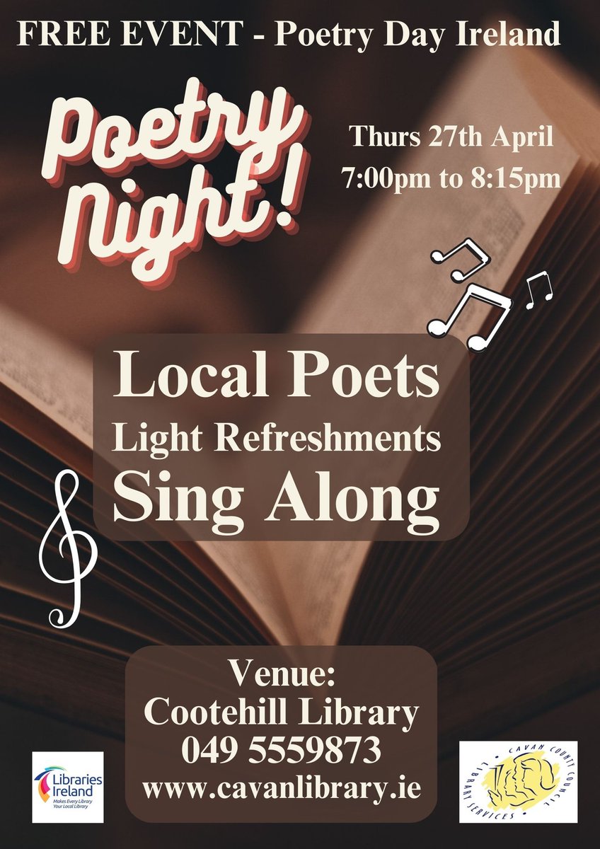 CavanLibrary's tweet photo. Check out the events happening in Cootehill Library & Johnston Central Library today as we celebrate #PoetryDayIRL
@poetryireland @librariesire #CavanLibraries https://t.co/9xY31HEGAK