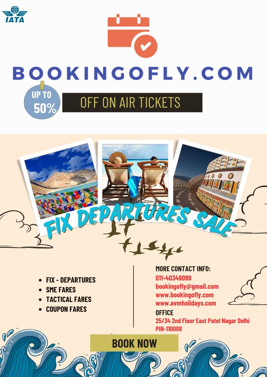 bookingofly's tweet photo. Dear Travel Partners
ITS SUMMER TIME Now Book B2B Lowest FIX DEPARTURES And SPECIAL FARES SECTORS:- Goa,Bagdogra,Ladakh,Mumbai,Bangalore And Much More Sectors Available With Us https://t.co/fuOt2bCa2t 
Support - 011-40349099
#Travel #travelblogger #sunburn #holidays #SUMMER https://t.co/Y6VktM96w6