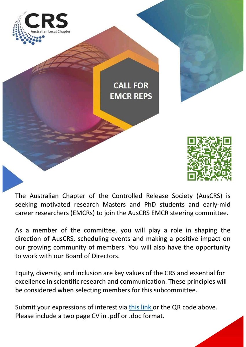 We're looking for students and EMCRs to help steer our Australian @CRSScience local chapter! Submit your expressions of interest by the 12th of May, 2023. forms.gle/Huxq9bAgkBGfb4… @DrKLVine @popatlab @TKumeria @0rlagh @han_felicity @ClivePrestidge @group_boyd @oreotheoread