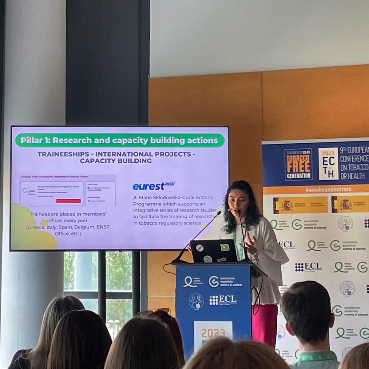 TigOlena's tweet photo. @karinaxmocanu from @enspbrussels, currently a secondee at the @TobControlUnit of the     @ICO_oncologia and @idibell_cat within the @eurestplus project, presents @enspbrussels activities for young #tobaccocontrol experts in #Europe.
📌At #ECToH2023 in #Madrid 
@ECToH https://t.co/8xbo8kEvGy
