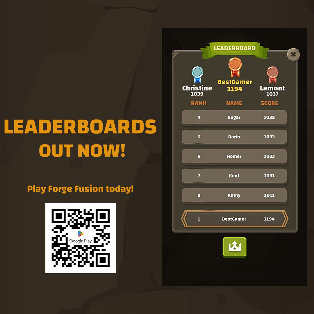 🥇Leaderboard🥇 update is out now! 
Forge to become Number 1 in the leaderboard!

Play Forge Fusion today!
tinyurl.com/Forge-Fusion
#indiedev #MobileGame #gamedev