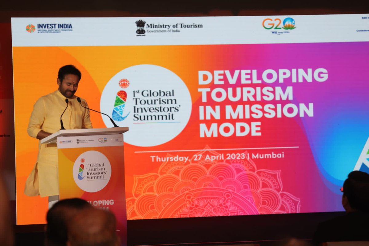 tourismgoi's tweet photo. Hon’ble Minister for Tourism, Culture and DoNER Shri G Kishan Reddy addressing the Business  Seminar at the Roadshow in Mumbai on 27th April for Global Tourism Investors Summit . https://t.co/hS1tl2EqYT