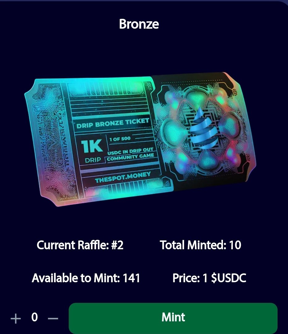 TheSpotDotMoney's tweet photo. For every 10 Tickets, Played/Minted per round, you'll receive 1 free ticket, next round for the same value &amp; and same level. After $1 testing round  is over. #WinDrip #Drip #DripNetwork #Play #Mint #Win https://t.co/l01m8kwcMS