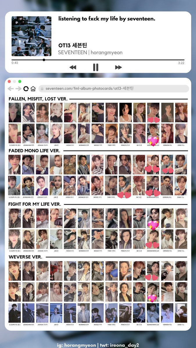 azz_yy98's tweet photo. SEVENTEEN セブチFML トレカ アルバム 交換 

出)スンチョル ジョンハン ジョシュア ジュン ホシ ウォヌ ウジ ミョンホ ミンハオthe8 ミンギュドギョム バーノン ディノ

求)スングァン 🍊    💖＞💕
     (ミンギュ、バーノン)

郵送、ペンミ手渡し(5/27東京)どちらも可能です！気軽にリプどうぞ🫶🏻 https://t.co/UyEaI4Kfjp