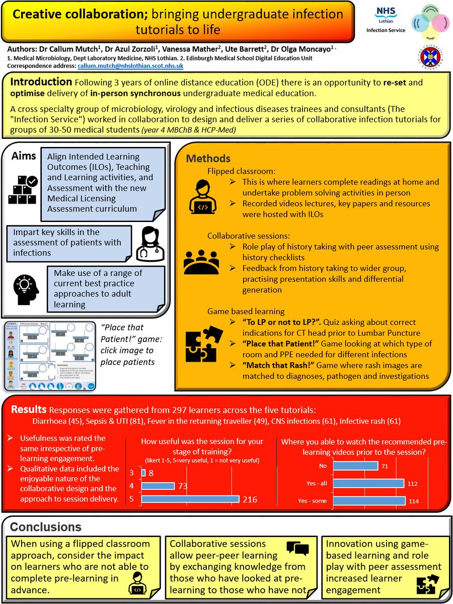 CallumPMutch's tweet photo. Wondering how to build collaborative learning sessions on infection medicine 🤔? Look no further than this poster at #NESAnnualConf23 

Links to digital "Place that Patient" IPC game through the conference portal. Shout out to the Digital Education Unit!

@utebarrett @azulzorzoli https://t.co/AtJs0fPeOd