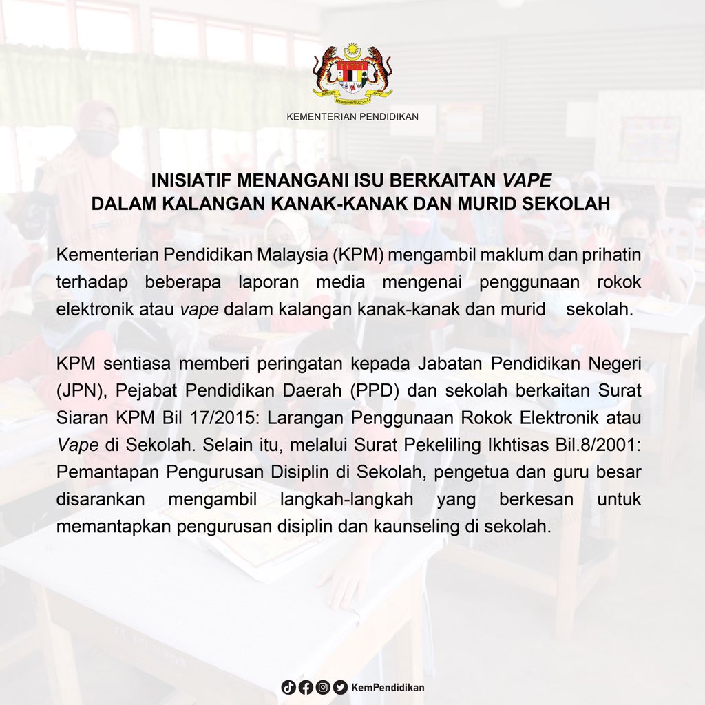 KemPendidikan's tweet photo. INFO KPM: Inisiatif KPM menangani isu berkaitan vape dalam kalangan kanak-kanak dan murid sekolah.

#7TerasKPM
#MalaysiaMADANI
#KaramahInsaniah https://t.co/PlYL1twaIp