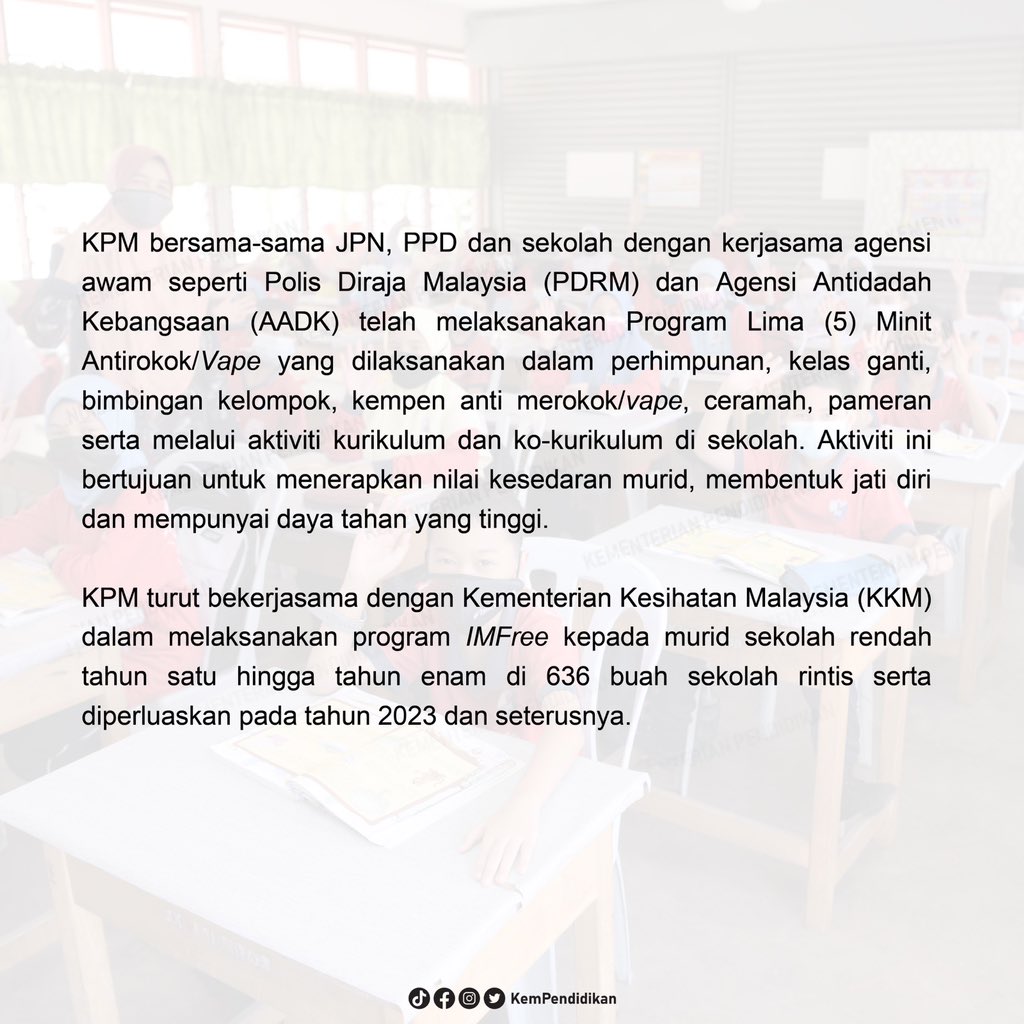 KemPendidikan's tweet photo. INFO KPM: Inisiatif KPM menangani isu berkaitan vape dalam kalangan kanak-kanak dan murid sekolah.

#7TerasKPM
#MalaysiaMADANI
#KaramahInsaniah https://t.co/PlYL1twaIp