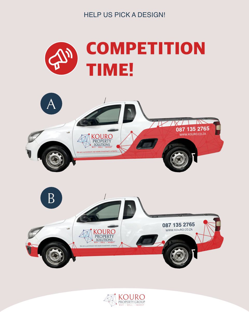 KouroProperty's tweet photo. It’s competition time!! 🤩🥳
As you know - we at KOURO have officially welcomed our first company car to our fleet 🕺🏽🚗 
Simply comment below with your selection (A or B) ⬇️ 
We will select a winner in a lucky draw. The winner will stand a chance to win a cash prize of R500.00 💰 https://t.co/GOSAYE17FK