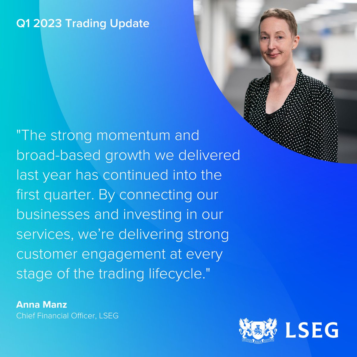 LSEGplc's tweet photo. Anna Manz, CFO, @LSEGplc said: “The strong momentum and broad-based growth we delivered last year has continued into the first quarter.” https://t.co/ijoCBIBfFs #LSEG https://t.co/N09YJq6k3y