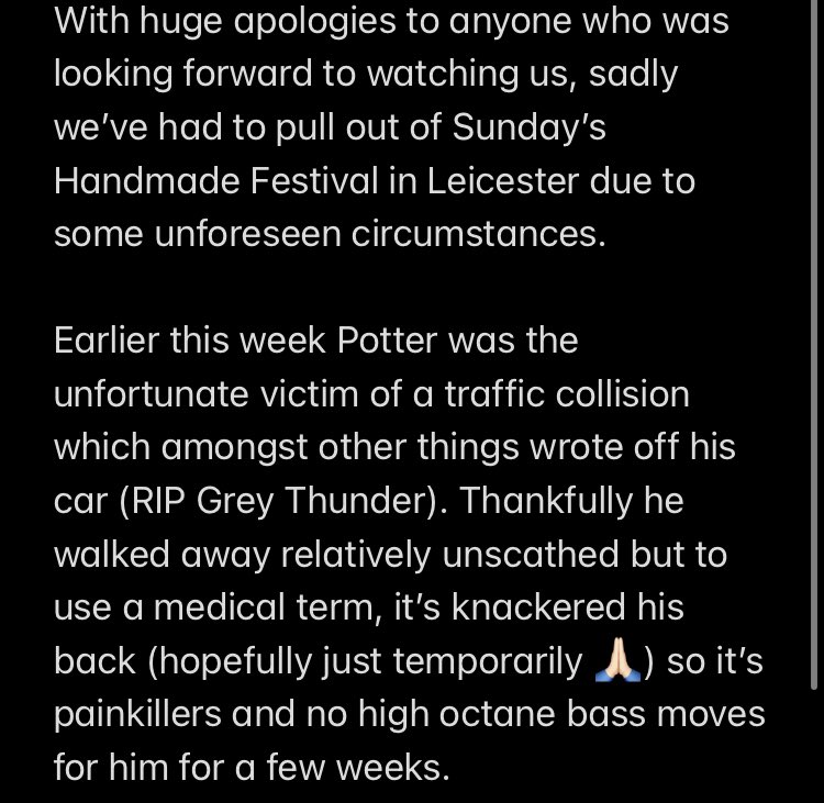 pitponyband's tweet photo. Morning all, sorry to say we can no longer play @HandmadeTotally on Sunday. Canny gutted and sorry to all who planned on catching us. Can’t believe some reckless driver has made us pop our ‘serious post in note form’ cherry. Livid x https://t.co/1SxqDRDJ3t