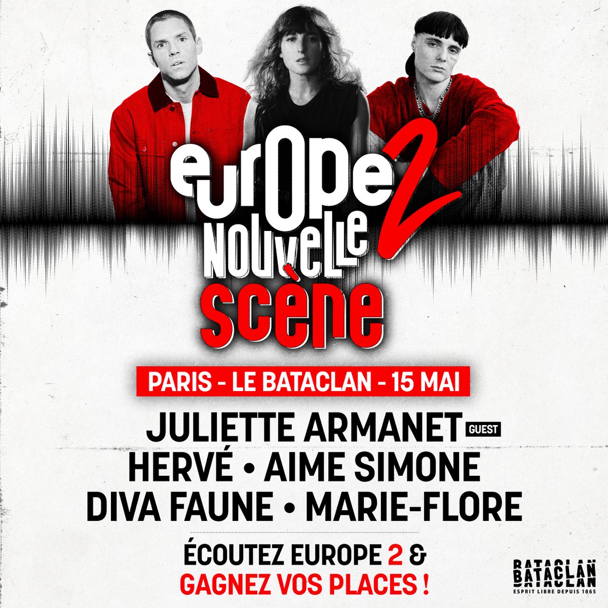 Europe2's tweet photo. **CONCOURS** Gagnez vos places pour le concert #Europe2NouvelleScene avec @juliettearmanet, @hervemusiquefc, @aimesimone_, @Diva_Faune et @flarimore le 15/05 au Bataclan à Paris 🔥🔥

Pour PARTICIPER ➡️ follow @Europe2 + RT ce tweet 

(dans la limite des places disponibles) https://t.co/axexdNiGVL