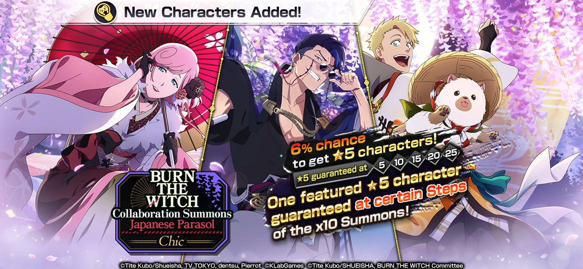 bleachbrs_en's tweet photo. The Burn the Witch Collaboration Summons: Japanese Parasol: Chic is here! Your chance for ★5 Bruno, Macy, and Balgo and Osushi! https://t.co/RlGbyeJNBG #BraveSouls https://t.co/DObC9MH9hO