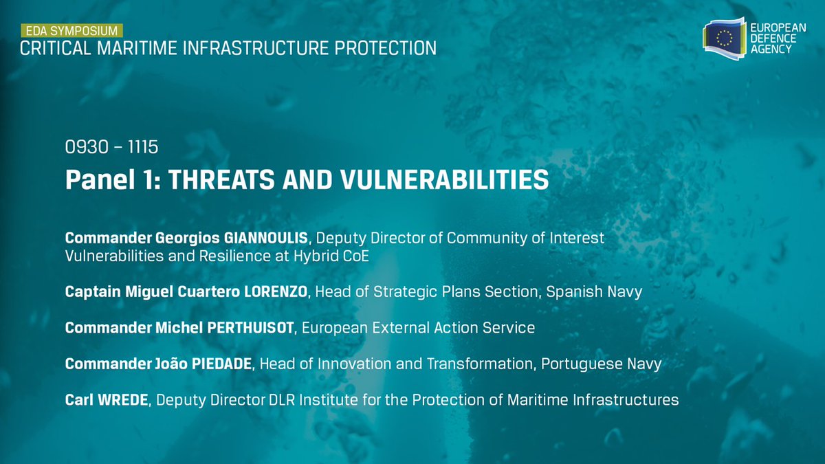 EUDefenceAgency's tweet photo. @HybridCoE @eu_eeas @EUSec_Defence @Armada_esp @MarinhaPT -Complexity of CMI & stakeholders, make awareness and shared understanding of threats harder.
-Use of outdated or insufficient security mechanisms may expose maritime facilities to vulnerabilities.
-Threats posed by organised crime, terrorism, and state actors.
#CMIP23 https://t.co/TGyruV2eNr