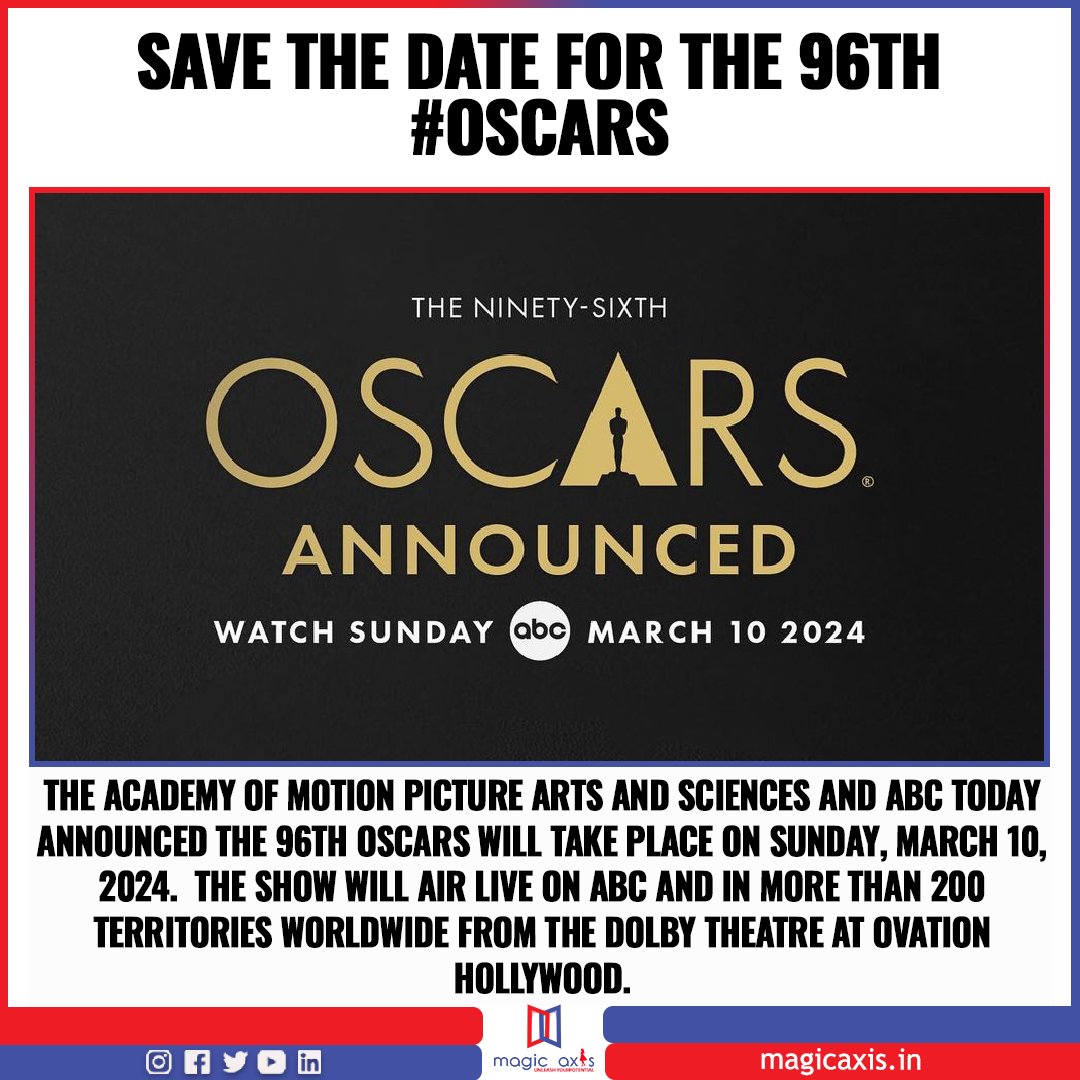 Save the date for The 96th #Oscars

The Academy of Motion Picture Arts and Sciences and #ABC today announced the #96thOscars will take place on Sunday, March 10, 2024.  

#AcademyAwards #Oscars #Oscars2024 #Hollywood