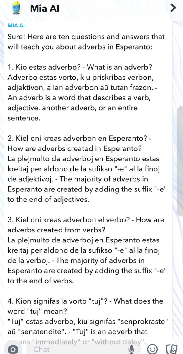 Can you learn Esperanto with #Snapchat AI?
Try out!
#LanguageModel #ChatGPT #Chatbot #MyAI #MeineKI #MiaAI