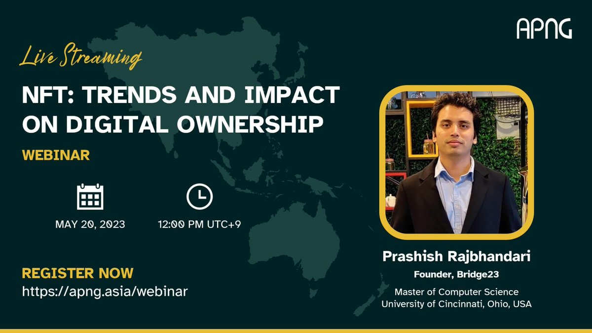 APNG_Asia's tweet image. NFT: Trends and Impact on Digital Ownership will stream live on May 20, 2023 as part of the APNG Webinar series. Save your slot at apng.asia