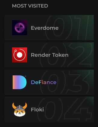 Top most visited community listed projects on DeFiance.app 

<a href="/Everdome_io/">Everdome</a> $DOME 
@RenderToken $RNDR 
<a href="/DeFiance_App/">DeFiance.app</a> $TRI 
<a href="/RealFlokiInu/">Floki</a> $FLOKI 

Empowering utilities, investors and talents. #DeFianceApp