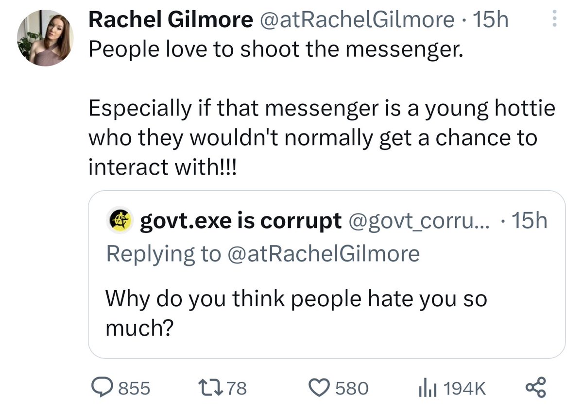 truckdriverpleb's tweet image. Rachel Gilmore is absolutely DELUSIONAL 

She also has ZERO self awareness