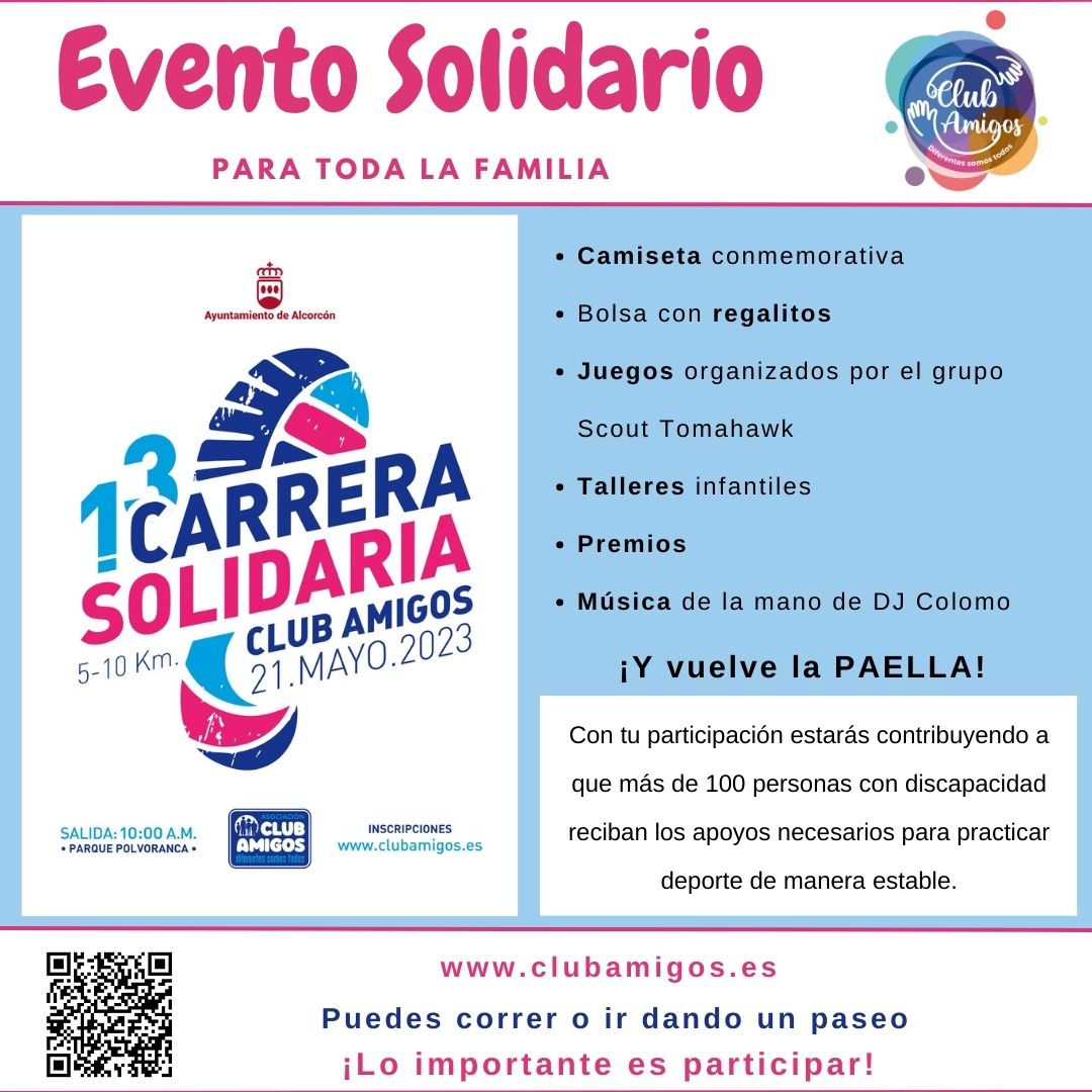 AlcorconConsejo's tweet photo. EVENTO SOLIDARIO para toda la famila. El 21 de mayo, Carrera #Solidaria de @asoclubamigos en #Alcorcon 13 ediciones celebradas ya 👏🏼  Habrá actividades varias y ¡vuelve la paella! 🥘 Corriendo o andando 🏃‍♂️🚶‍♀️ lo importante es participar por una gran causa. ¡Apúntate! 📝🤗🤝🏼❤💚 https://t.co/JEPoUNA7iz