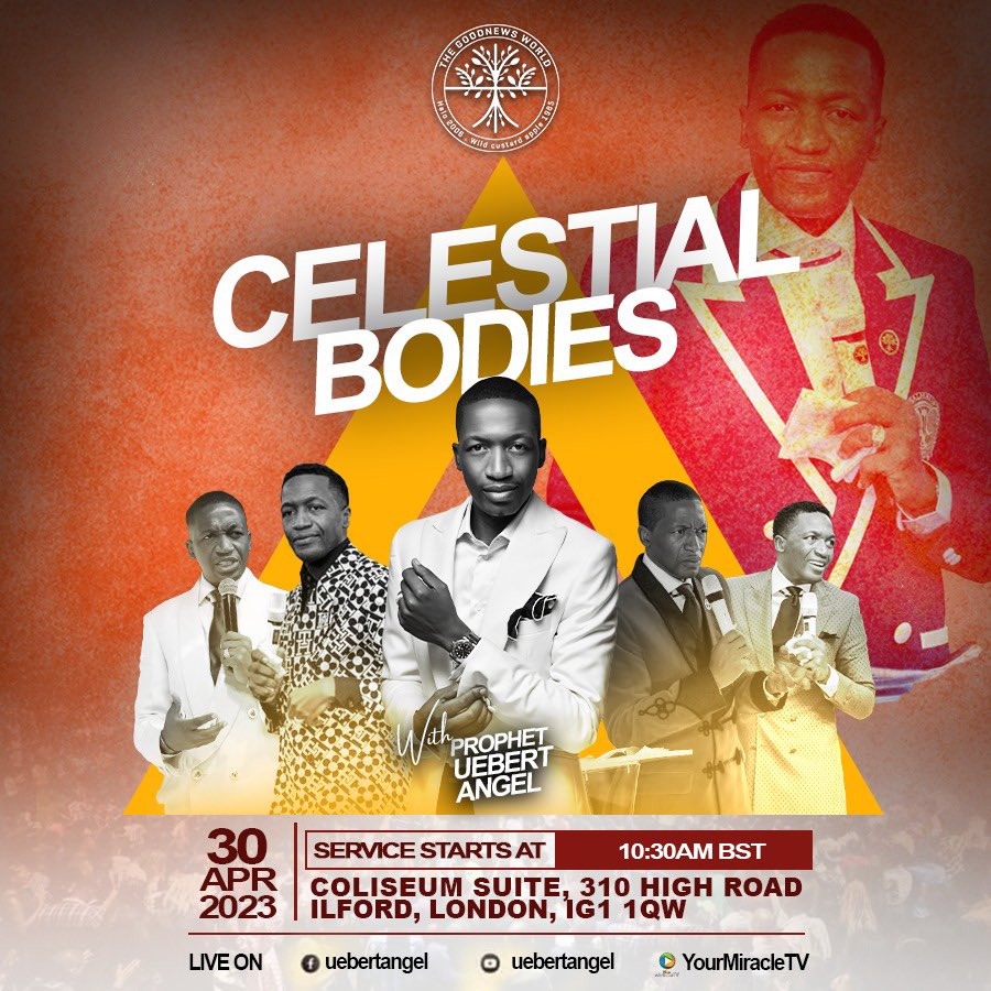 THE LION IS BACK🎉

Celestial Bodies with Prophet Uebert Angel, this Sunday at Spirit Embassy London at 10:30AM BST. 

Tune into to our LIVE broadcast without fail✨
This one is NOT to miss!

#UebertAngel #SpiritEmbassy #GoodNewsWorld #GoodNewsNation