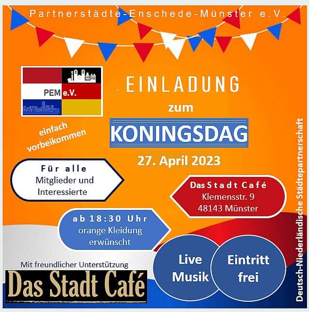 #Koningsdag vieren kan vandaag ook in <a href="/muenster_de/">Stadt Münster</a>. Of in beide natuurlijk. 😉
#Stadtpartnerverein 
#Partnerstadt 
<a href="/Gem_Enschede/">Gemeente Enschede</a> #Jazz 
#Duitsland #Königstag  <a href="/EuregioDNL/">Euregio</a> #Twente