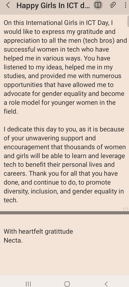 In this day #GirlsInICTDay, I want to express my gratitude to the tech bros and women in tech who have supported me on my journey. Your guidance has helped me to advocate for gender equality and become a role model to young women in Tanzania. Thank you🙏, Here's a note for you!