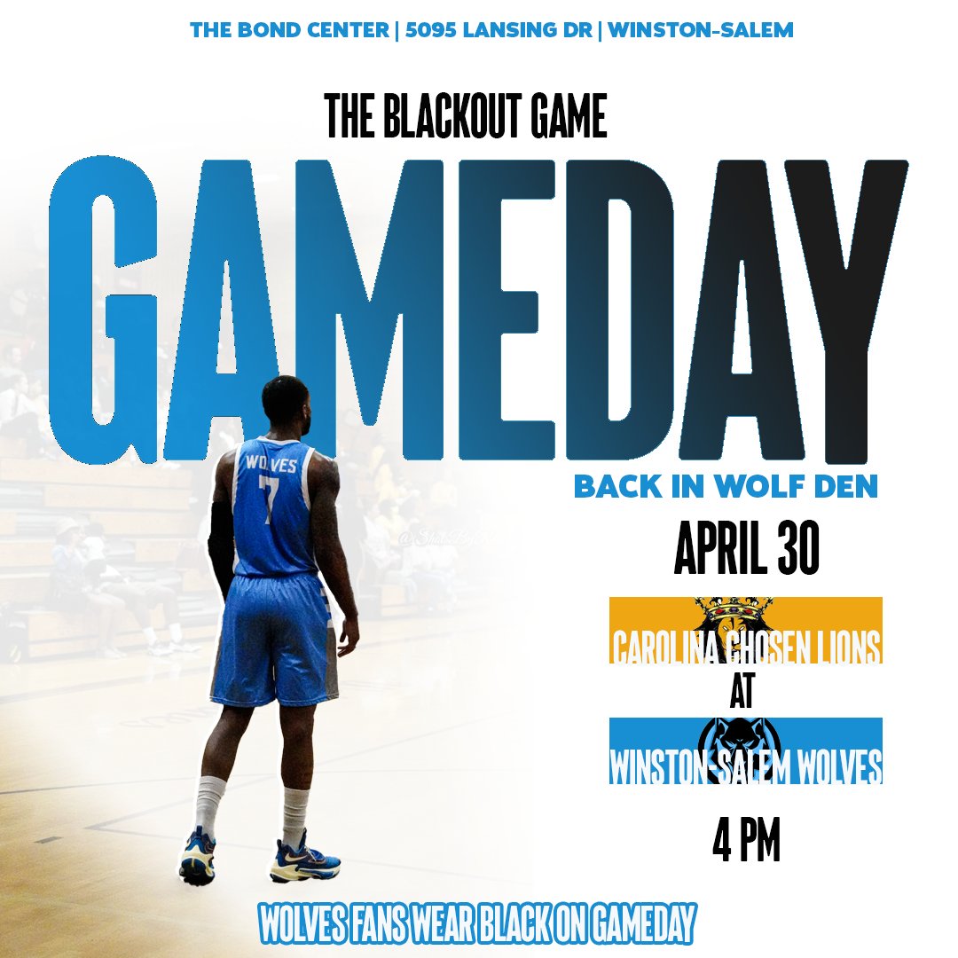 GAMEDAY is Sunday, April 30! 4 PM at The Bond Center in Winston-Salem - the Wolves return home after a four game road stretch to face the Carolina Chosen Lions in The Blackout Game. Wear black to the game to show your support of the team returning home!