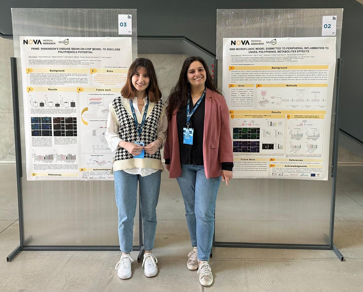Our girls presenting their work "BBB microfluidic model submitted to peripheral inflammation to unveil polyphenols metabolites effects"and "PRIME: Parkinson's disease brain-on-chip model to disclose polyphenols potential" at Beyond REMODEL:3R models for Biomed Res <a href="/i3S_UPorto/">i3S-Instituto de Investigação e Inovação em Saúde</a> .