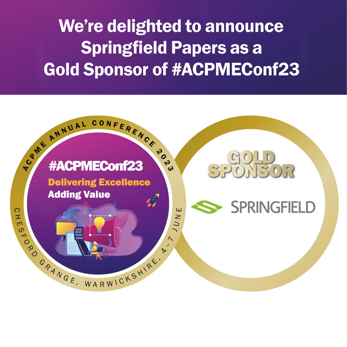 We’re delighted to announce <a href="/SpringfieldLtd/">Springfield Business Papers</a> are sponsoring #ACPMEConf23. Join them at The Chesford Grange 4–7 June. #ACPMEfamily