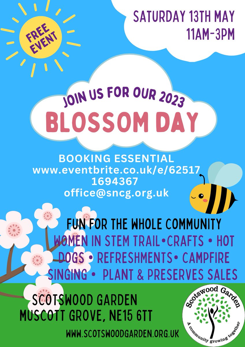 Bookings are now OPEN for our fabulous Blossom Day Community Open Day! 
Saturday 13th May 2023, 11-3pm
Please book via eventbrite:
eventbrite.co.uk/e/625171694367
#spring #community #social #newcastle
