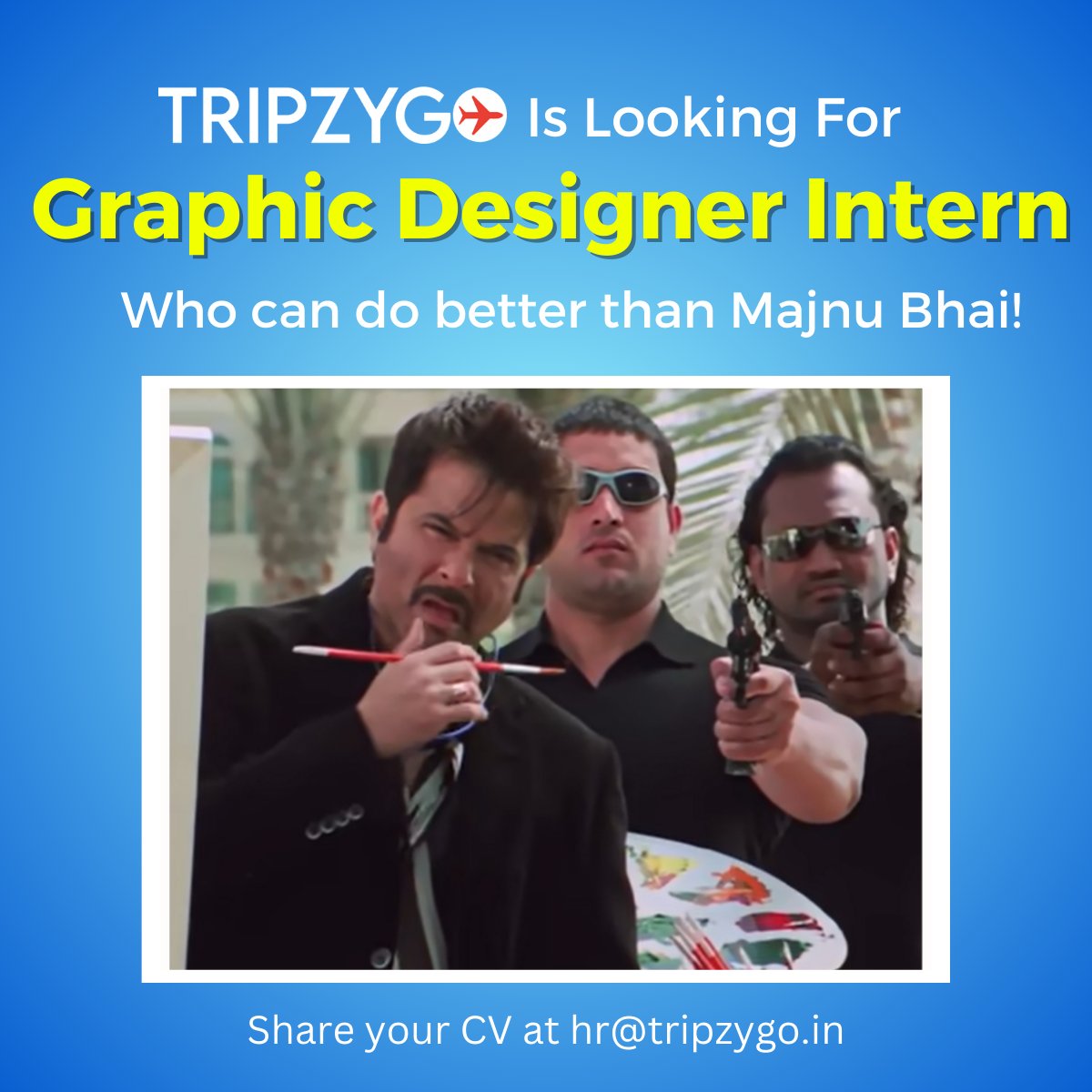 Meme Creative ** banaoge humare liye ?
Write us at ➡ hr@tripzygo.in
*Don't leave your CV/portfolio behind 😄

Location: Gurgaon.

Can't wait to have you all to be part of the #tripzygo family ❤

.
#job #jobseekers #jobvacancy #jobsearch #jobopportunity #joboffers #joboffering