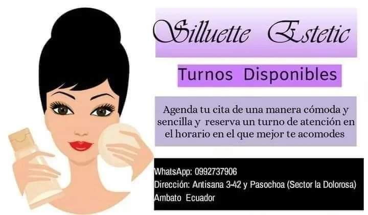 SilluetteE's tweet image. TURNOS DISPONIBLES 

Agenda tu cita de una manera  cómoda y sencilla  en el horario en el que mejor te acomodes 🙋‍♀️🕒

☎️032424538 📲0992727906 
wa.me/593992727906

🏰Dirección: Antisana  3- 42 y Pasochoa  sector (La Dolorosa). 

AMBATO - ECUADOR
#ReactivateEcuador