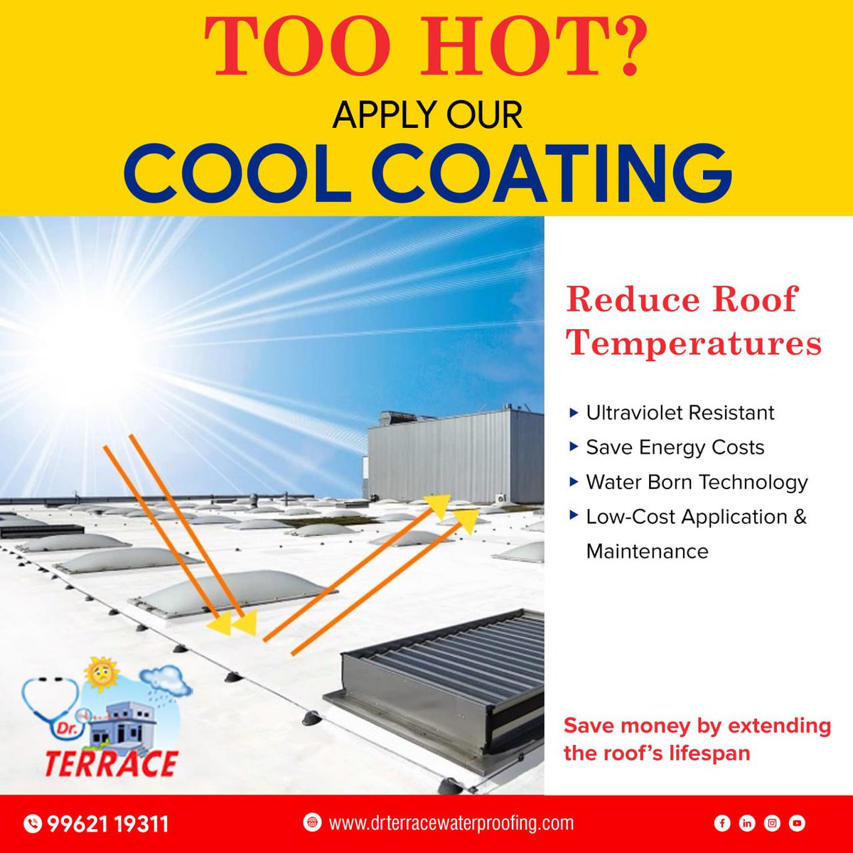 Don't let the heat make you uncomfortable in your own space. Dr. Terrace Waterproofing Services can help you keep your building cool with our cool coat application! Our expert team uses high-quality materials

#coolcoat #summerheat #Chennai #DrTerraceWaterproofingServices