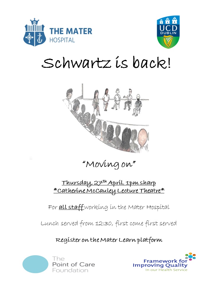 Hello all @matertrauma 
Who's going to #Schwartz Rounds today Thurs 27th April? We can't wait!
Theme is 'Moving On' & open to all Mater staff.
⏲️ 1pm sharp - any late attendees won't be allowed in .
🥪 from 12.30 
📍Catherine McAuley Lecture Theatre (21 Nelson St.)
#OurMaterTeam