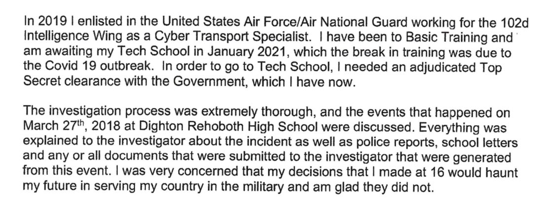 According to #JackTeixeira the military investigators DID know about the incident in high school and they gave him a clearance anyway!