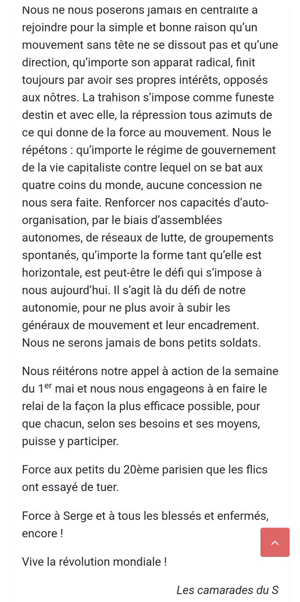 Communiqué n°4 des camarades du S
"Nous réitérons notre appel à action de la semaine du 1er mai et nous nous engageons à en faire le relai de la façon la plus efficace possible, pour que chacun, selon ses besoins et ses moyens, puisse y participer."
lescamaradesdus.noblogs.org/post/2023/04/2…