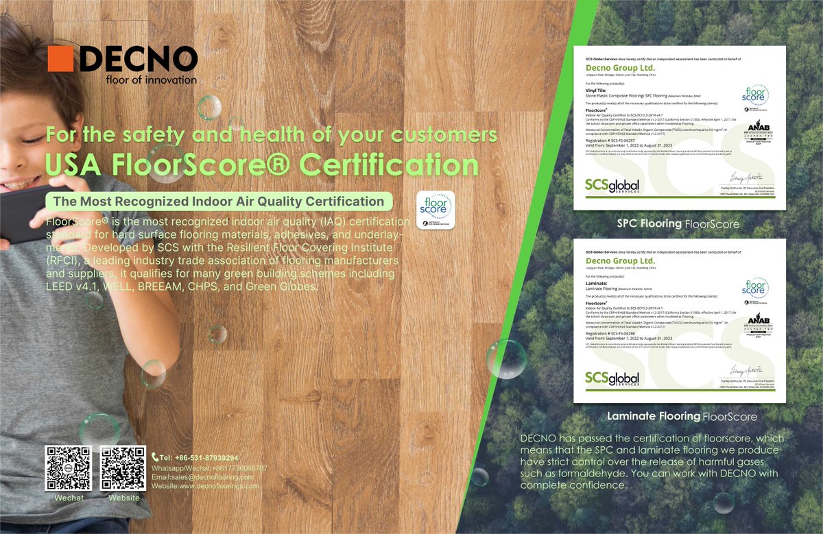 Flooring_SPC's tweet photo. DECNO #SPC #Flooring For the safety and health of your customers.
USA #FloorScore® #Certification
Whatsapp/Wechat: +86 17736066787
E-mail: sales@decnoflooring.com
Website: https://t.co/Di8uNxD2Bz
DECNO Group Ltd-- professional &amp; reliable manufacturer of China
#flooring https://t.co/v1qOwlzhD5