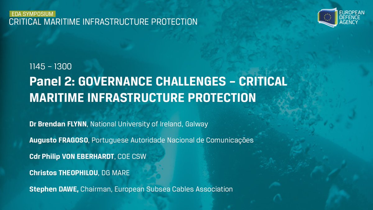 EUDefenceAgency's tweet photo. @HybridCoE @eu_eeas @EUSec_Defence @Armada_esp @MarinhaPT @EU_MARE @EMSA_EU Very interesting discussions on Governance Challenges – Critical Maritime Infrastructure Protection - at #CMIP23
With a multitude of #maritime infrastructure protection configuration mixes including public, private and military actors - how can governance of CMI be improved? https://t.co/JuEtQHGOXi