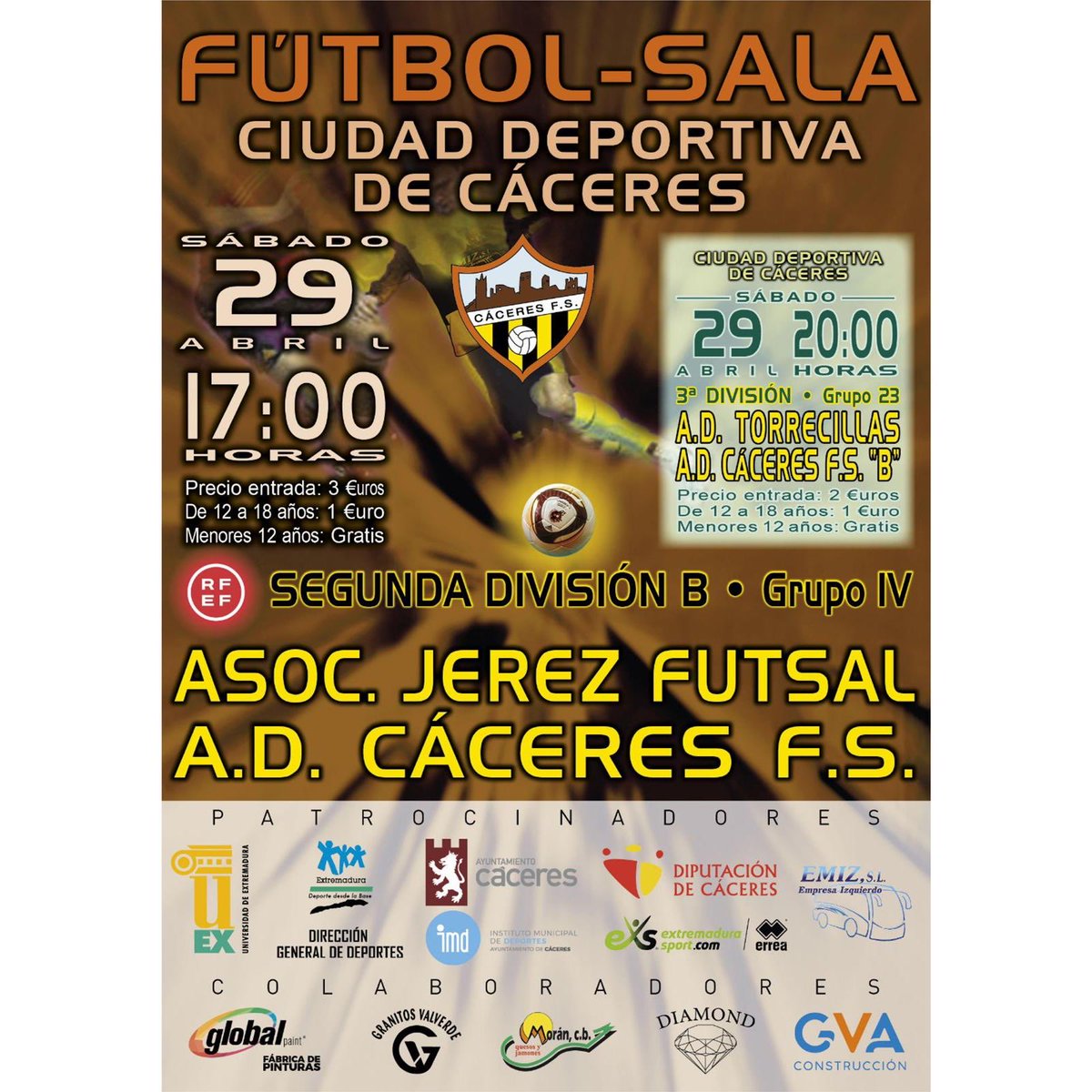 🚨PRÓXIMA JORNADA

📝SÁBADO 29 DE ABRIL
🕔17:00 H.
🆚 ⁦<a href="/JerezFutsal/">JEREZ FUTSAL</a>⁩
🏠CIUDAD DEPORTIVA DE CÁCERES 

Estamos a 1 paso de conseguir los playoffs de ascenso a 2ª, tenemos la oportunidad de hacerlo este sábado ante nuestra afición.

¡Vamos equipo!💪🏻⚽️

#123CÁCERES💛🖤