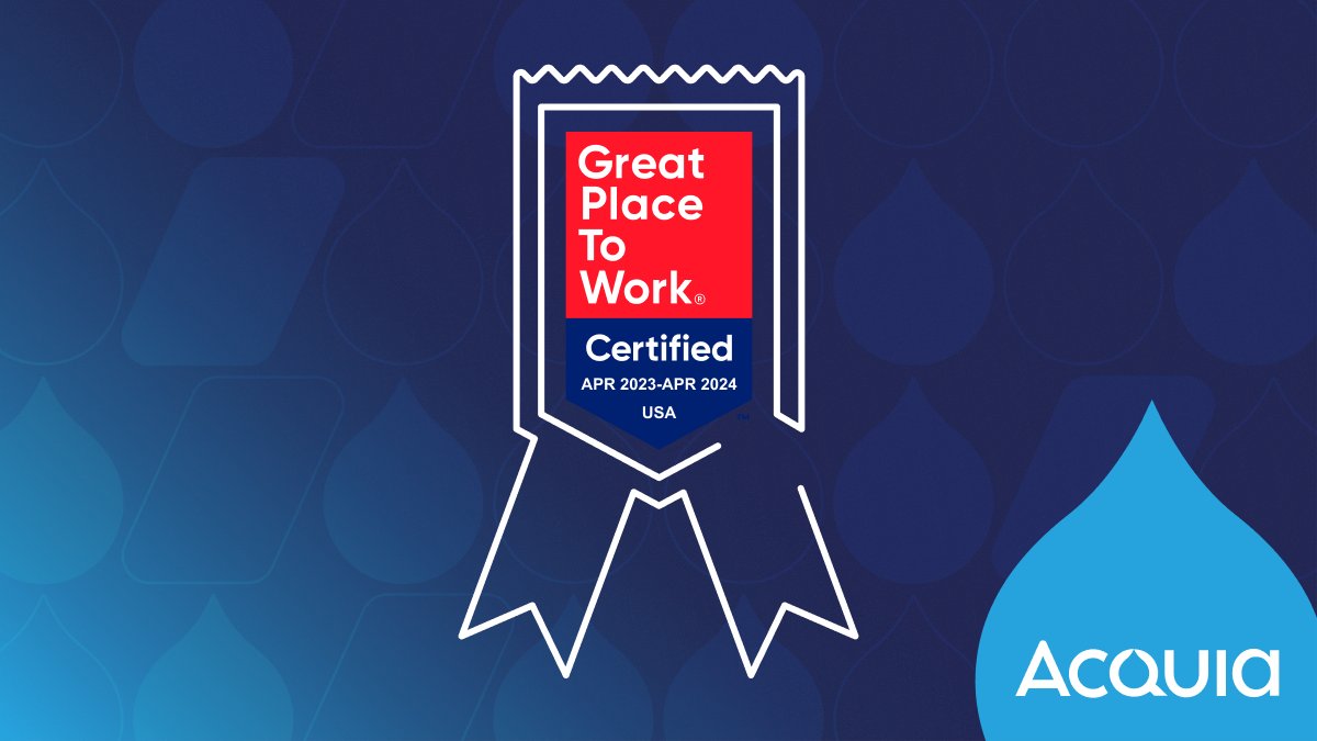 acquia's tweet photo. The folks who make Acquia tick have spoken! And, as it turns out, they have a pretty good time here. Whistle while you work, droplets! We love to see it! Learn more about us here: https://t.co/aH5De9L4vL #GPTW2023 https://t.co/Dw7bgGPc9Y