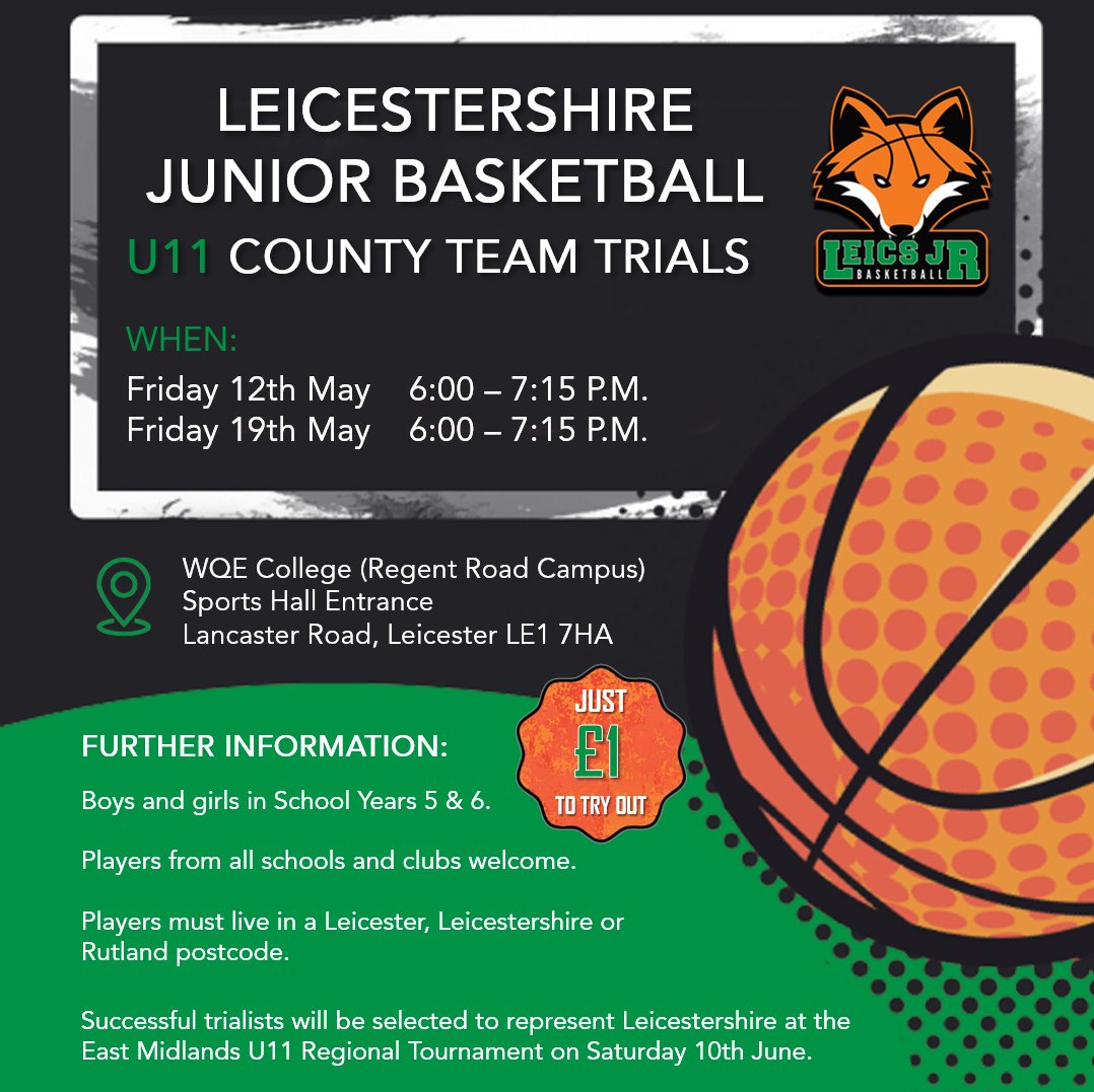 U11 COUNTY TEAM TRIALS 2023

Calling all Year 5-6 basketball players - your county needs you!

Sign up for our trials now on the link in our page bio.

#Leicestershire #leicester #Rutland #weareleicester #BritishBasketball #basketballengland #juniorbasketball #minibasketball