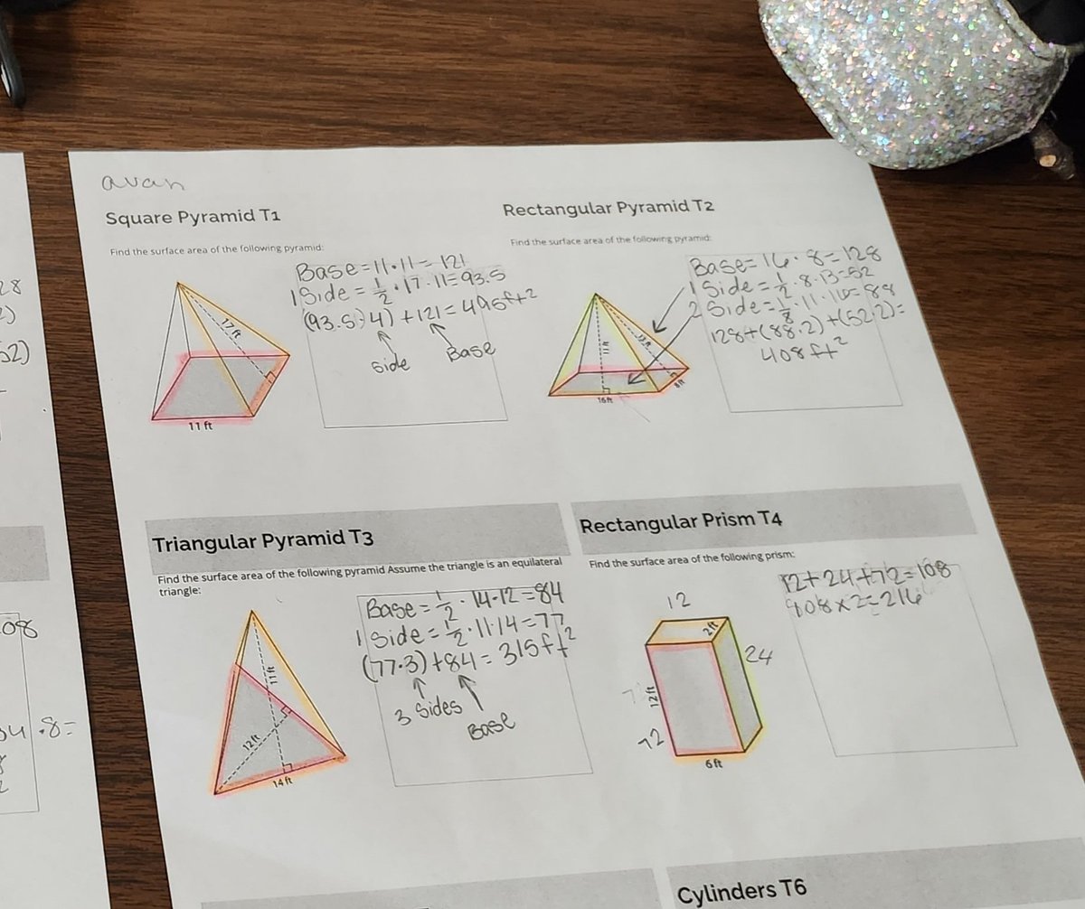 Barkersmath's tweet photo. Finding the surface area of prisms and pyramids. I love the highlighter strategy they are using to keep organized! #fmsteach https://t.co/47Y0HW7j65
