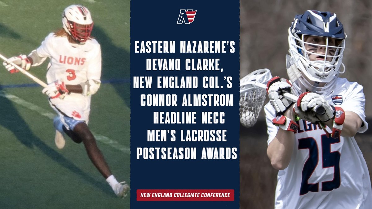 NEVConference's tweet photo. The NECC has announced its Men's Lacrosse postseason awards. 

@ENCAthletics Devano Clarke and @NEC_Athletics 
Connor Almstrom headline the awards as Offensive and Defensive Player of the Year, respectively. 

🔗 https://t.co/YSfekeyzkh

#WeAreTheNECC // #BeTheSpark https://t.co/RhfnBWKIsm