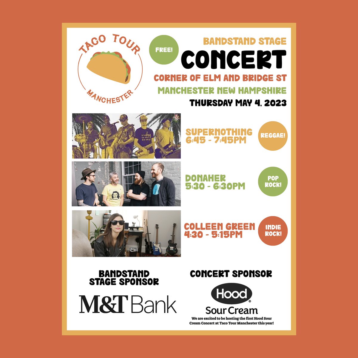 We’re playing <a href="/grtrmanchester/">Manchester Chamber</a> Taco Tour with <a href="/colleengreen420/">Colleen Green</a> and Supernothing next thurs May 4.

<a href="/MandT_Bank/">M&T Bank</a> Bandstand Stage on Bridge / Elm St

Over 100 vendors selling $3 cash only tacos. Donaher band merch at <a href="/WickedJoyful/">WickedJoyful</a> tent near our stage!

🌮🌮🌮