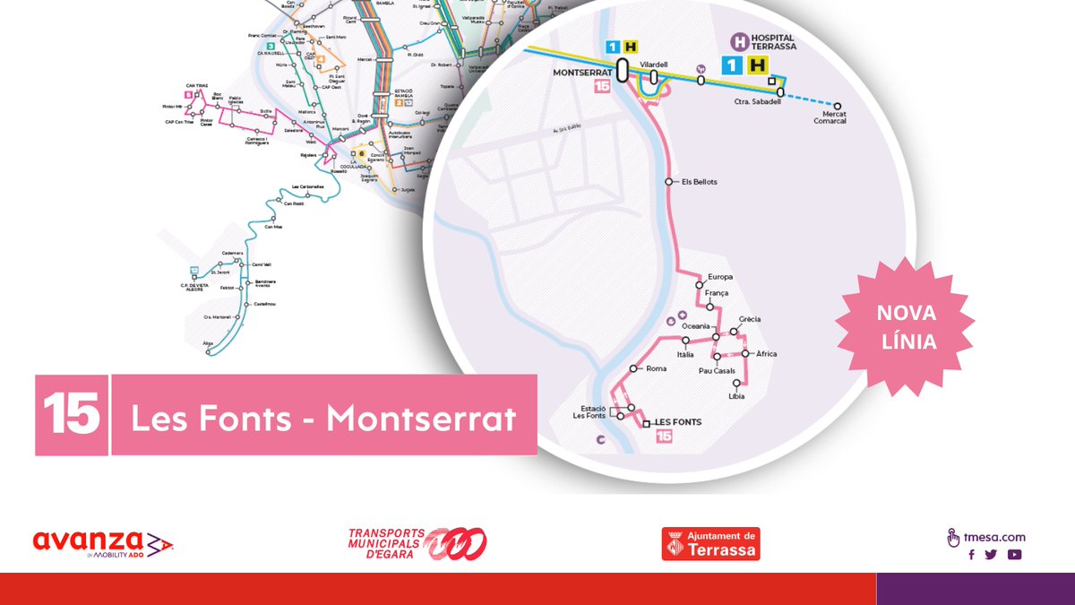 ajterrassa's tweet image. ℹ️ Us informem que a partir del 2 de maig començarà a funcionar el servei de la #L15. Aquesta línia connectarà el barri de Les Fonts - Can Parellada i Montserrat.  
Consulteu el recorregut i horaris d'aquesta línia a 🔗tmesa.com
@trsmobilitat @tmesa_bus