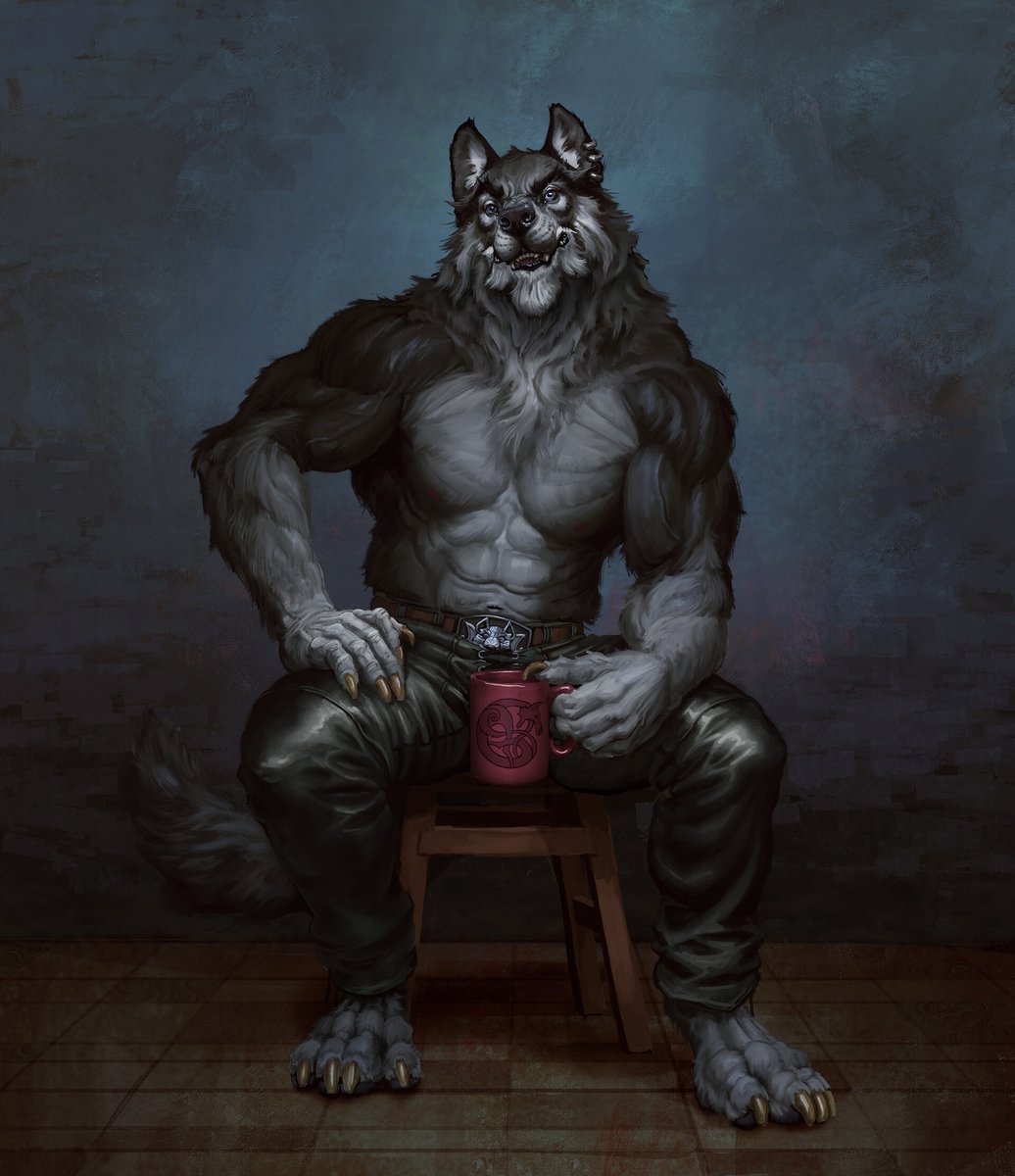 Just a fella having a beverage. Happy #ThirtyThursday (Art by David Kovacic) #WerewolfArt #Werewolf